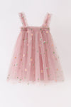 Coral strap daisy embroidery tulle dress