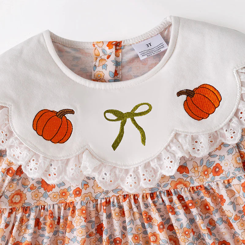 GIRLS HALLOWEEN & THANKSGIVING PUMPKIN EMBROIDERY DRESS 4T