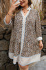 Khaki Plus Size Leopard Print Striped Trim V Neck Drop Waist Long Sleeve Mini Dress