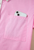 Pink Hollow-out Floral Contrast Patchwork Short Sleeve Button Up Shirt