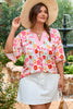 White Floral Split V Neck Wide Short Sleeve Plus Size Blouse Top