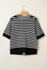 Black Stripe Short Sleeve Knit V Neck Bow Knot Sweater
