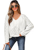 White Twisted Rib Patchwork Embroidered Loose V Neck Long Sleeve Top