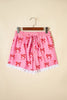 Pink Bow Print Striped Patchwork Elastic Waist Lace Trim Loose Shorts