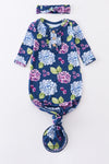 Navy floral print bamboo baby gown