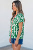 Green Abstract Print Striped Trim V Neck Short Sleeve Blouse