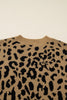 Light French Beige Ribbed Trim Round Neck Leopard Drop Shoulder Sweater