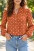 Brown Polka Dot Half Button V Neck Long Sleeve Blouse