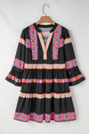 Black Ethnic Print Buttoned V Neck Bell Sleeve Ruffle Patchwork Dress