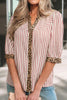Pink Stripe Leopard Trim V Neck Button Down Half Sleeve Shirt