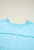 Aruba Blue Plus Size Solid Color Splicing Raw Hem Pullover Top Shorts Set