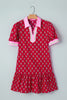 Red Floral Print Contrasted V Neck Short Bubble Sleeve Mini Dress