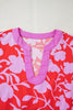 Red Floral Print Split V Neck Cuffed Bracelet Sleeve Blouse