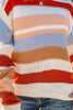 Pink Striped Colorblock Round Neck Drop Shoulder Sweater