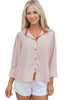 Khaki Stripe Color Block Patchwork Detail Frilled Collar Button Down Shirt