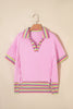 Pink Rainbow Stripe Ribbed Patchwork Raw Seam Oversize Polo Tee