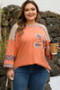 Grapefruit Orange Plaid Flower Waffle Patched Plus Size 3/4 Sleeve Top