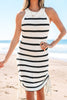 Black Stripe Knitted Drawstring Detail Sleeveless Dress