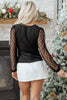 Black Polka Dot Mesh Puff Sleeve Patchwork Ribbed Square Neck Slim Top