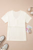 White Solid Color Textured Button V Neck Raw Seam Henley Tee