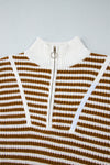 Khaki Stripe Zip up Collar Drop Shoulder Sweater