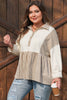 Khaki Stripe Plus Size Color Block Patchwork Half Button Long Sleeve Peplum Blouse