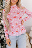 Pink Abstract Santa Print Stand Neck Sheath Long Sleeve Top