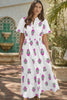 White Floral Print Split Neck Shirred High Waist Ruffle Hem Maxi Dress