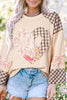 Beige Plaid Floral Peace Heart Graphic Wide Long Sleeve Top