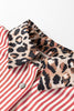 Racing Red Striped Leopard Print Patchwork Button Up Womens Shirt