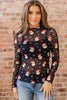 Black Santa Print Sheer Stand Neck Long Sleeve Top