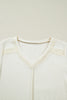 Beige Thermal Knit Lace Ruched Patchwork Long Sleeve V Neck Top