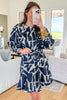 Blue Abstract Geometric Print Zip Front Tie Waist Shift Dress