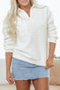 White Textured Pocketed Collared V Neck Pullover Sweatshirt