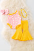 DAISY ON PINK RIBBED PRINTED BABY ONESIE & YELLOW RIBBED PANTS.