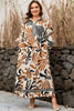 White Plus Size Abstract Print Contrast Collar Split Neck Shift Long Dress