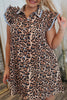 Khaki Leopard Print Lace Trim Shirt Collar Button Down Loose Mini Dress
