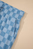 Sky Blue Checkered Elastic High Waist Loose Casual Pants