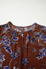 Brown Autumn Floral Print Smocked Cuffs Shift Blouse