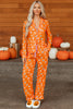 Orange Halloween Print Lapel Shirt Long 2pcs Pajama Set