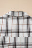 White Plaid Print Collared V Neck Loose Blouse with Side Slits