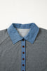 Carbon Grey Denim Color Block Patchwork Shirt Collar Short Sleeve Blouse