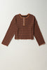 Brown Stripe Textured Frilly Trim Buttons Henley Long Sleeve Top