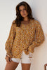 Orange Boho Floral Ruffled Bubble Sleeve V Neck Fall Blouse