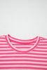 Pink Stripe Drop Shoulder Round Neck Top and Buttoned Straight Pants Two Piece Set