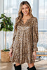 Khaki Leopard Print V Neck Ruffled Sleeve Tiered Loose Mini Dress