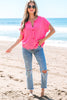 Bright Pink Distressed Hem Short Sleeve Knitted Button Front Sweater