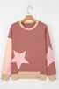 Rose Pink Contrast Star Patchwork Exposed Seam Uneven Hem Drop Shoulder Sweatshirt