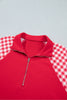 Racing Red Patchwork Plaid Pocket Quarter Zip Sweatshirt