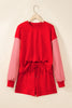 Red Plaid Patchwork Long Sleeve Top Solid Drawstring Shorts Set